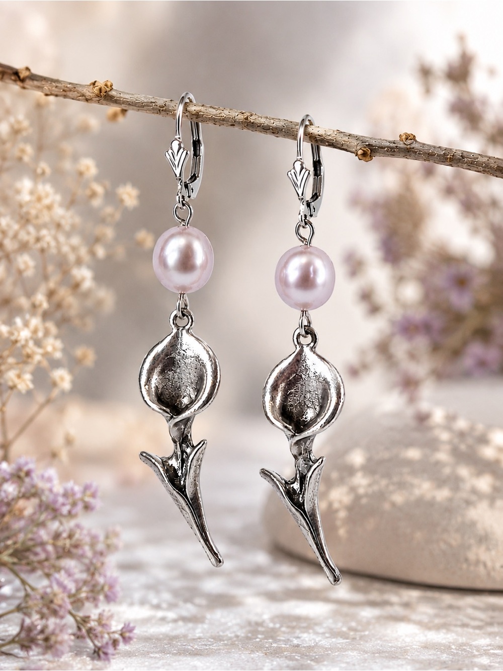 925 Sterling Silver Freshwater Pearl Calla Lily Earrings Artisan Floral Dangles